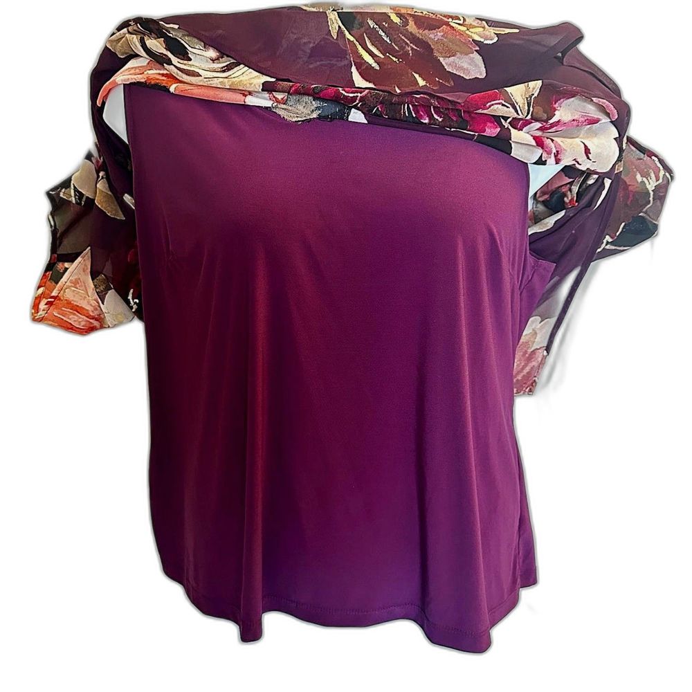 3 for $15 Roz & Ali Plus Size 1X Plum Floral Boho Asymetrical 2 layer Blouse - Picture 4 of 8